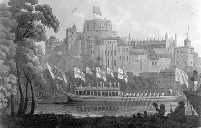 City of London State Barge flyttar uppför Themsen, framför Windsor Castle, på väg till Oxford, efter en akvarell från 1812